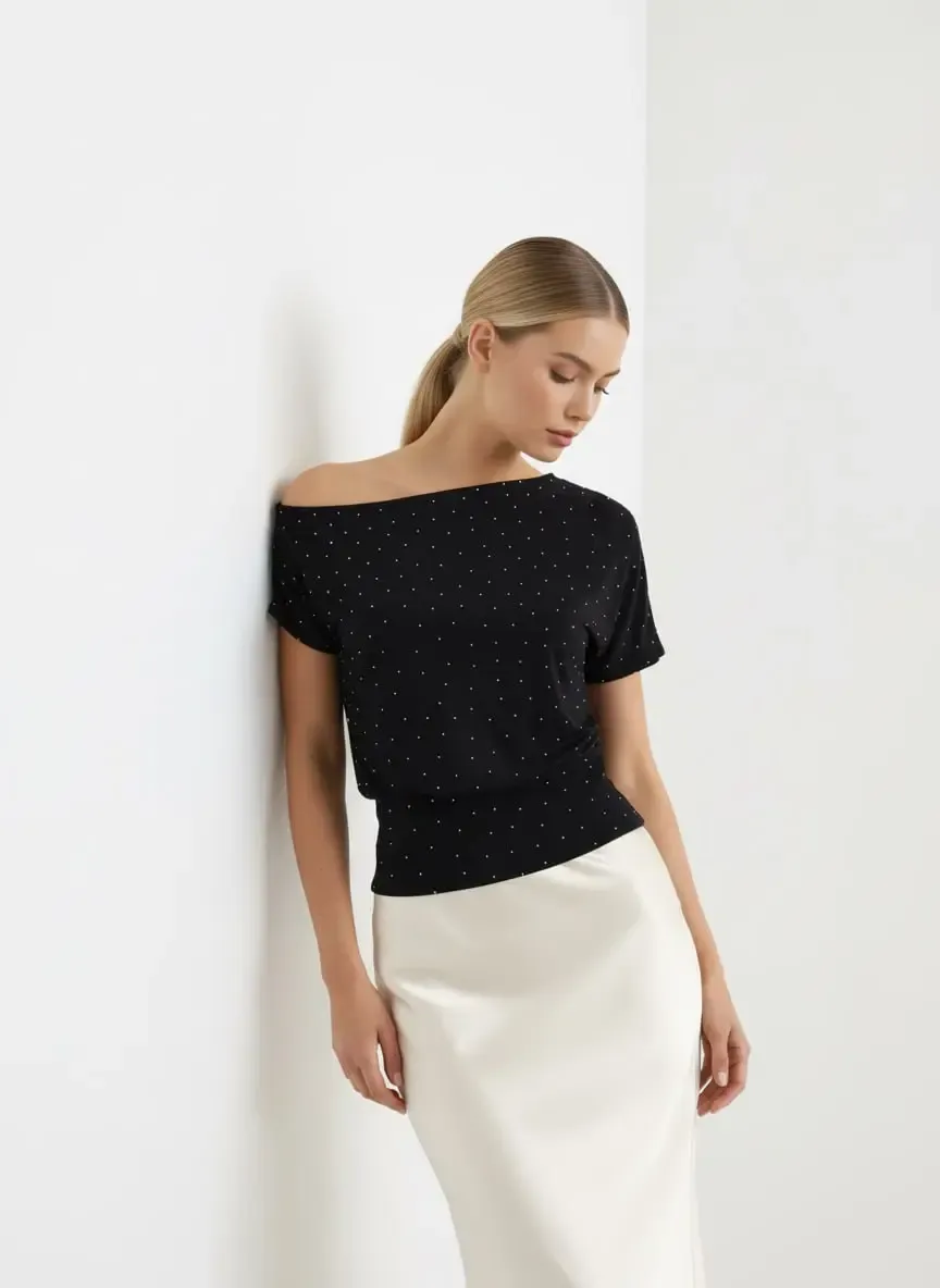 26034 Kadın Kayık Yaka Asimetrik Kol Taş Yapıştırma Modal Penye Bluz