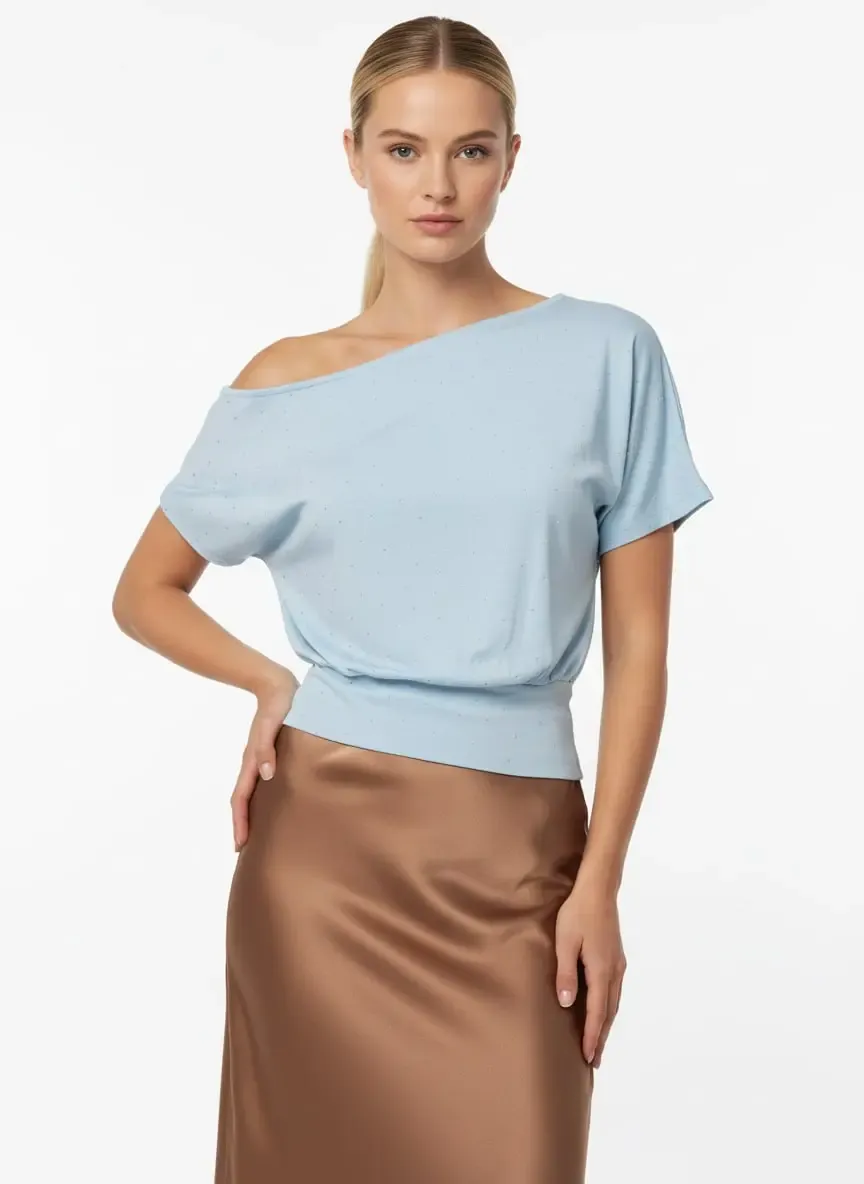 26034 Kadın Kayık Yaka Asimetrik Kol Taş Yapıştırma Modal Penye Bluz