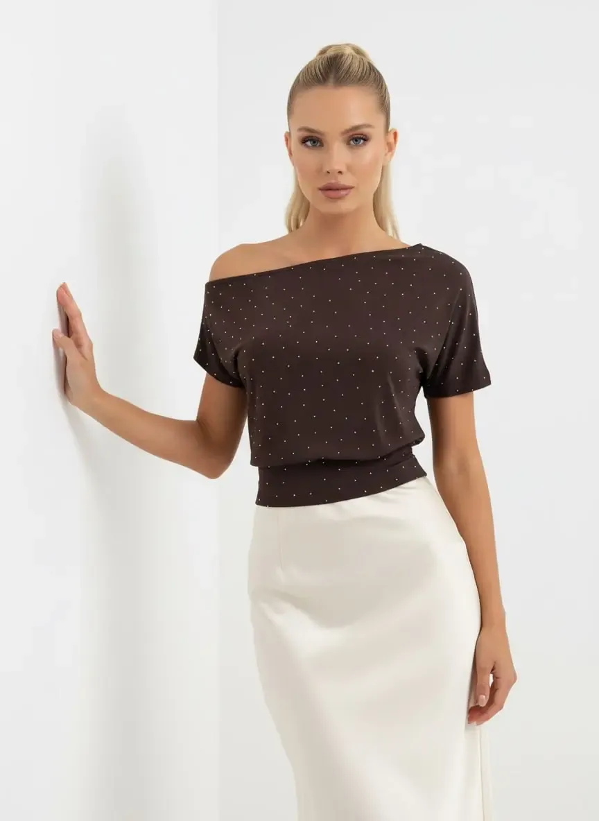 26034 Kadın Kayık Yaka Asimetrik Kol Taş Yapıştırma Modal Penye Bluz