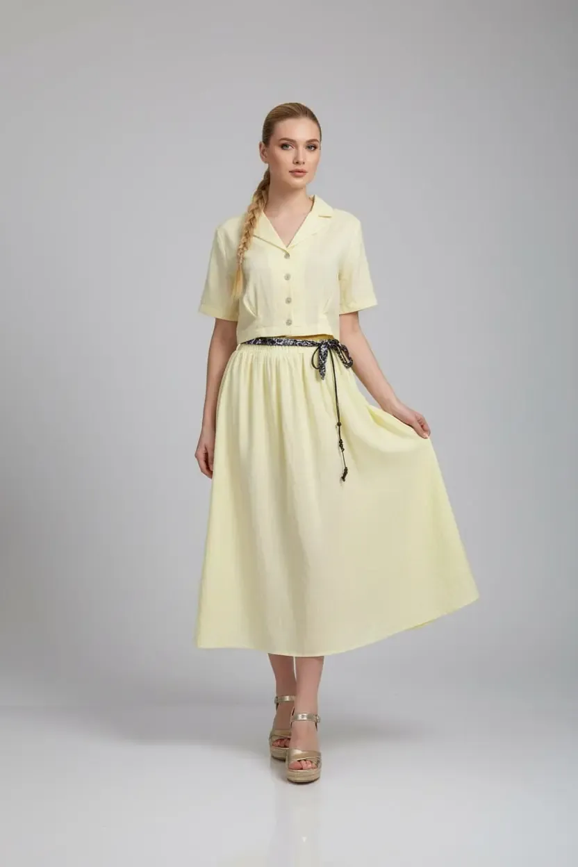 26035 %100 Pamuk Gömlek Yaka Crop Ceket Bağcık Detay Salaş Etek Dokuma Alt Üst Takım