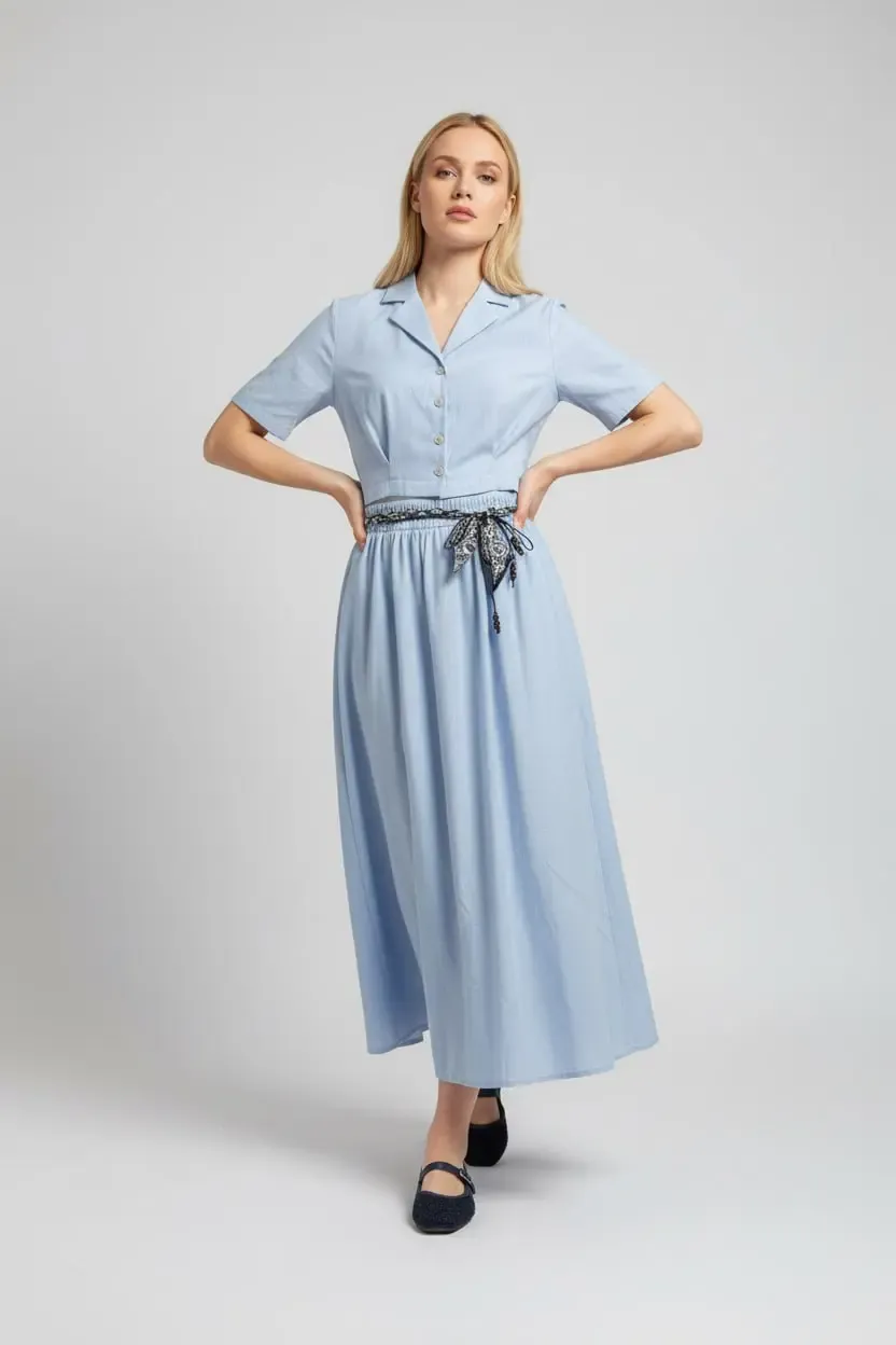 26035 %100 Pamuk Gömlek Yaka Crop Ceket Bağcık Detay Salaş Etek Dokuma Alt Üst Takım