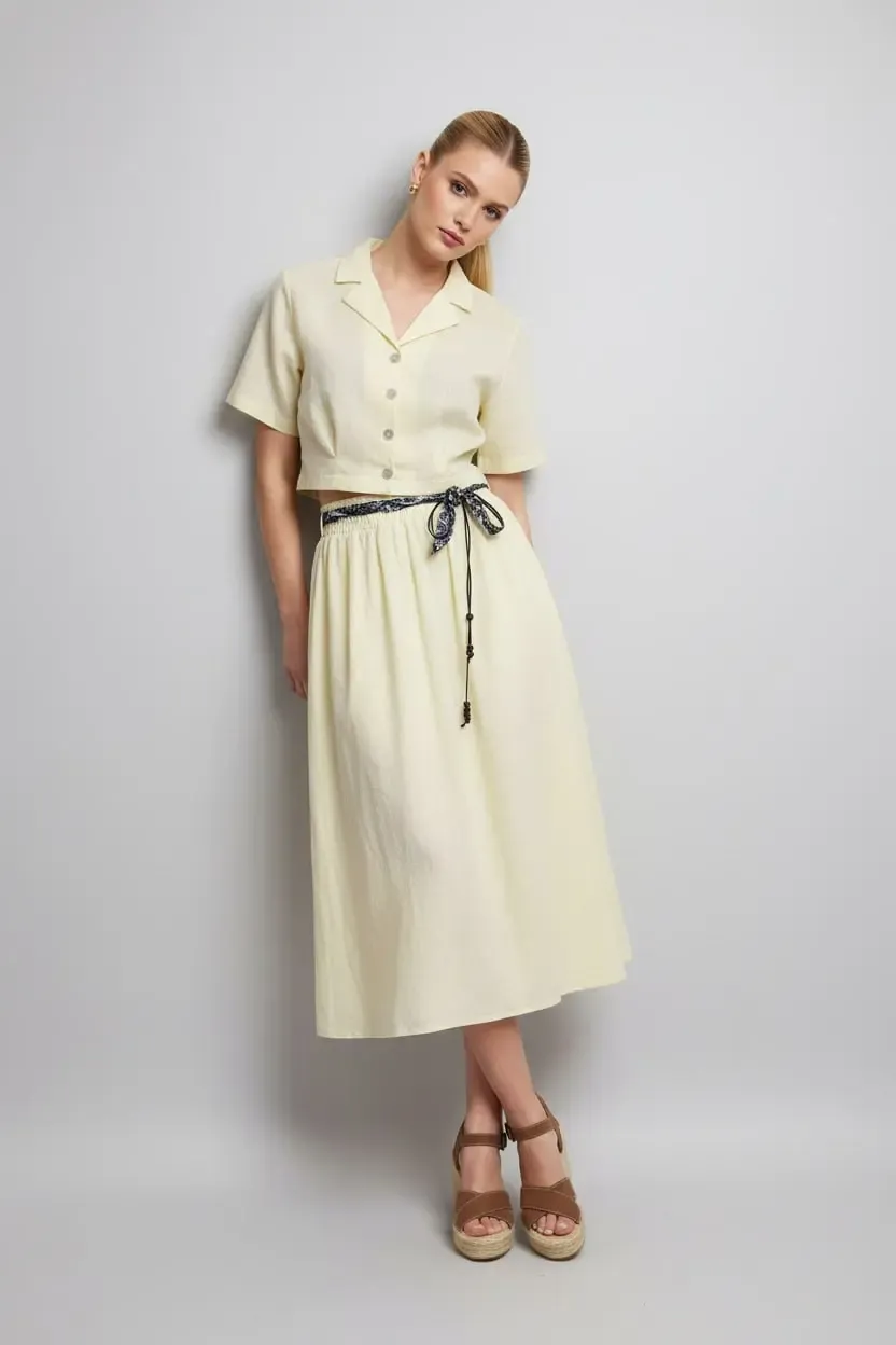 26035 %100 Pamuk Gömlek Yaka Crop Ceket Bağcık Detay Salaş Etek Dokuma Alt Üst Takım