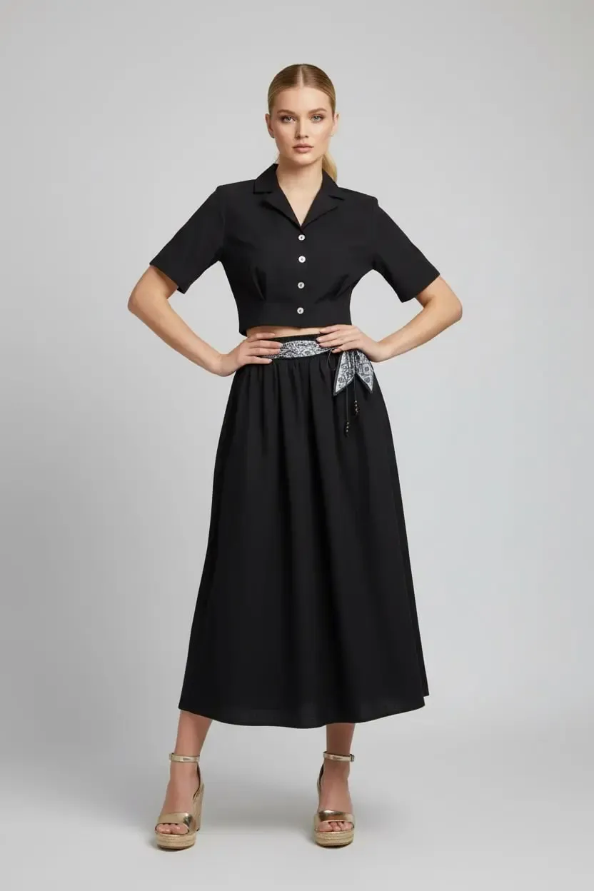 26035 %100 Pamuk Gömlek Yaka Crop Ceket Bağcık Detay Salaş Etek Dokuma Alt Üst Takım