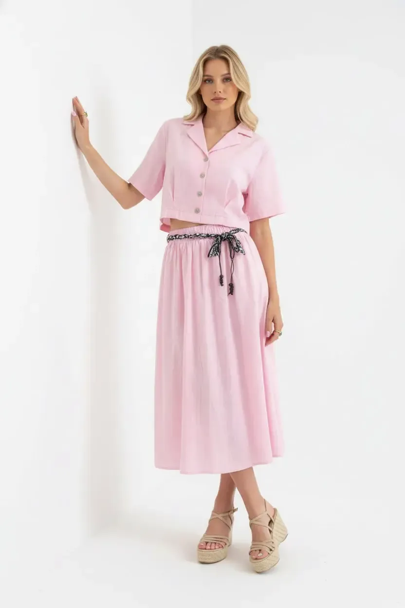 26035 %100 Pamuk Gömlek Yaka Crop Ceket Bağcık Detay Salaş Etek Dokuma Alt Üst Takım