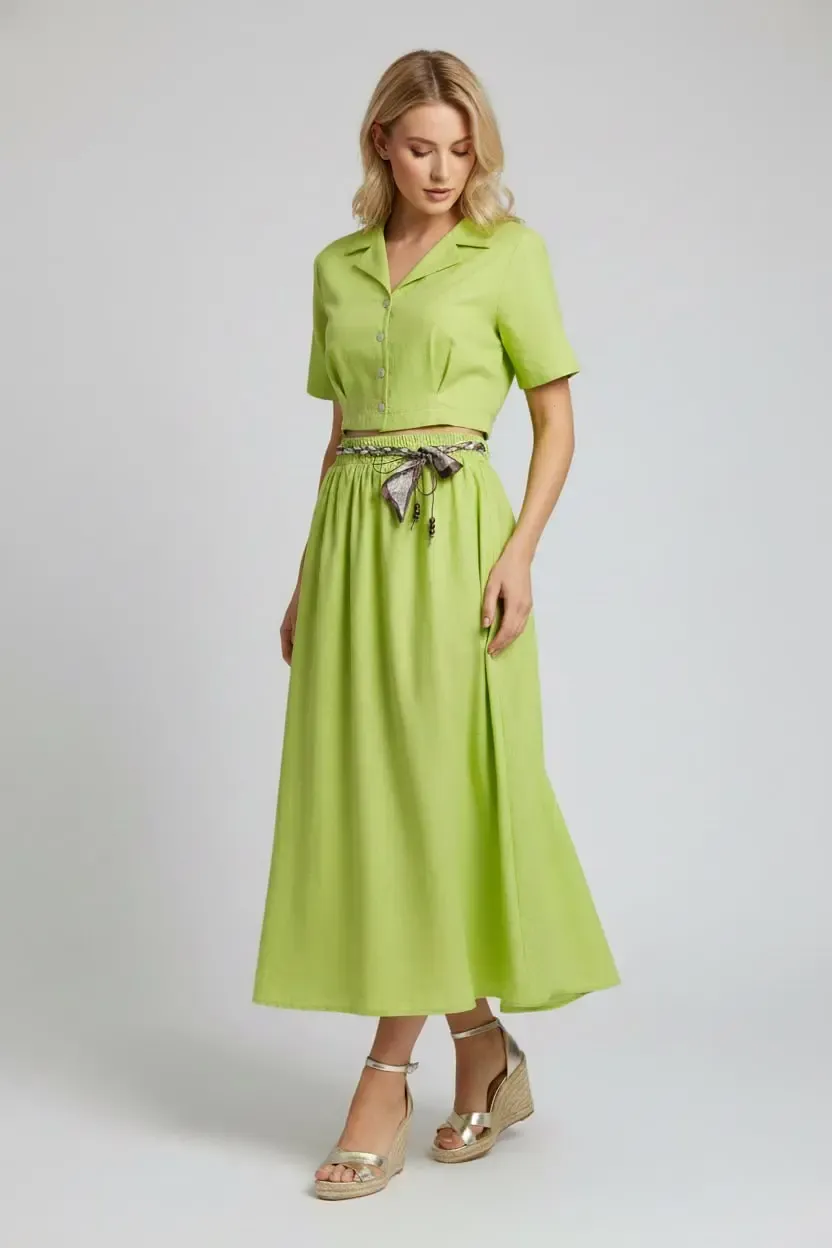 26035 %100 Pamuk Gömlek Yaka Crop Ceket Bağcık Detay Salaş Etek Dokuma Alt Üst Takım