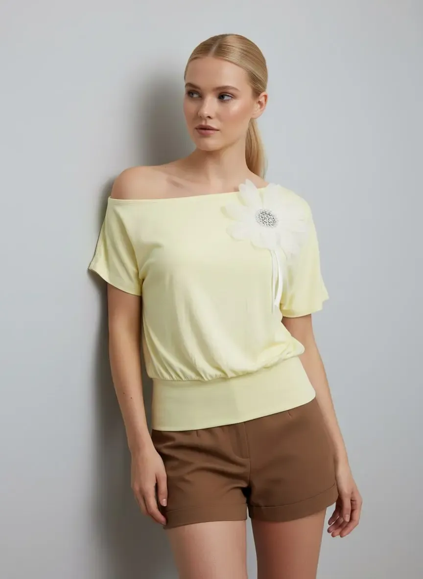 26036 Kadın Kayık Yaka Taş İşleme Aplikeli Penye Bluz