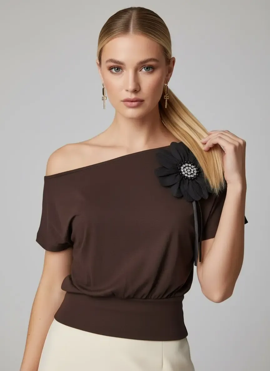 26036 Kadın Kayık Yaka Taş İşleme Aplikeli Penye Bluz