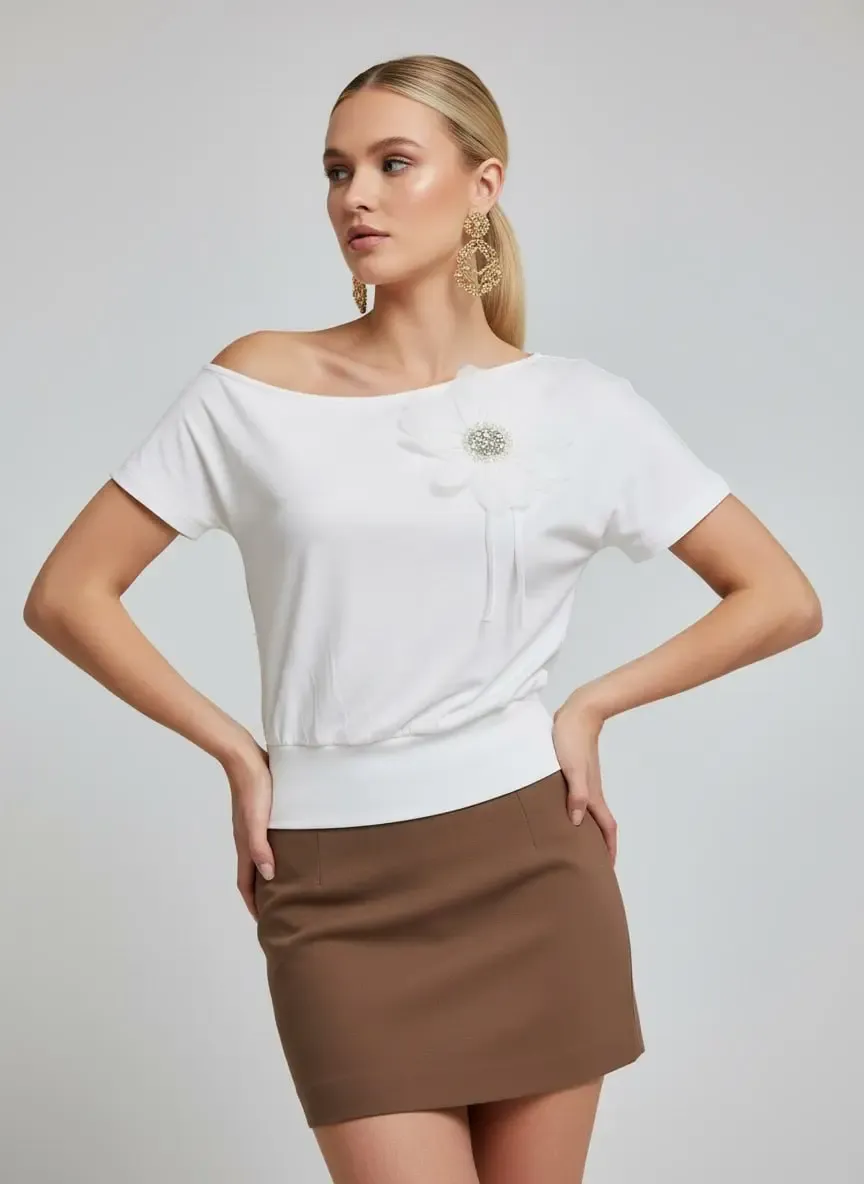 26036 Kadın Kayık Yaka Taş İşleme Aplikeli Penye Bluz