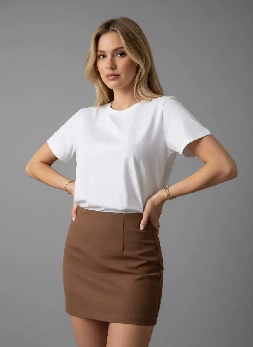 26047 %100 Pamuk Kadın Bisiklet Yaka Taş İşleme Oversize Penye Bluz