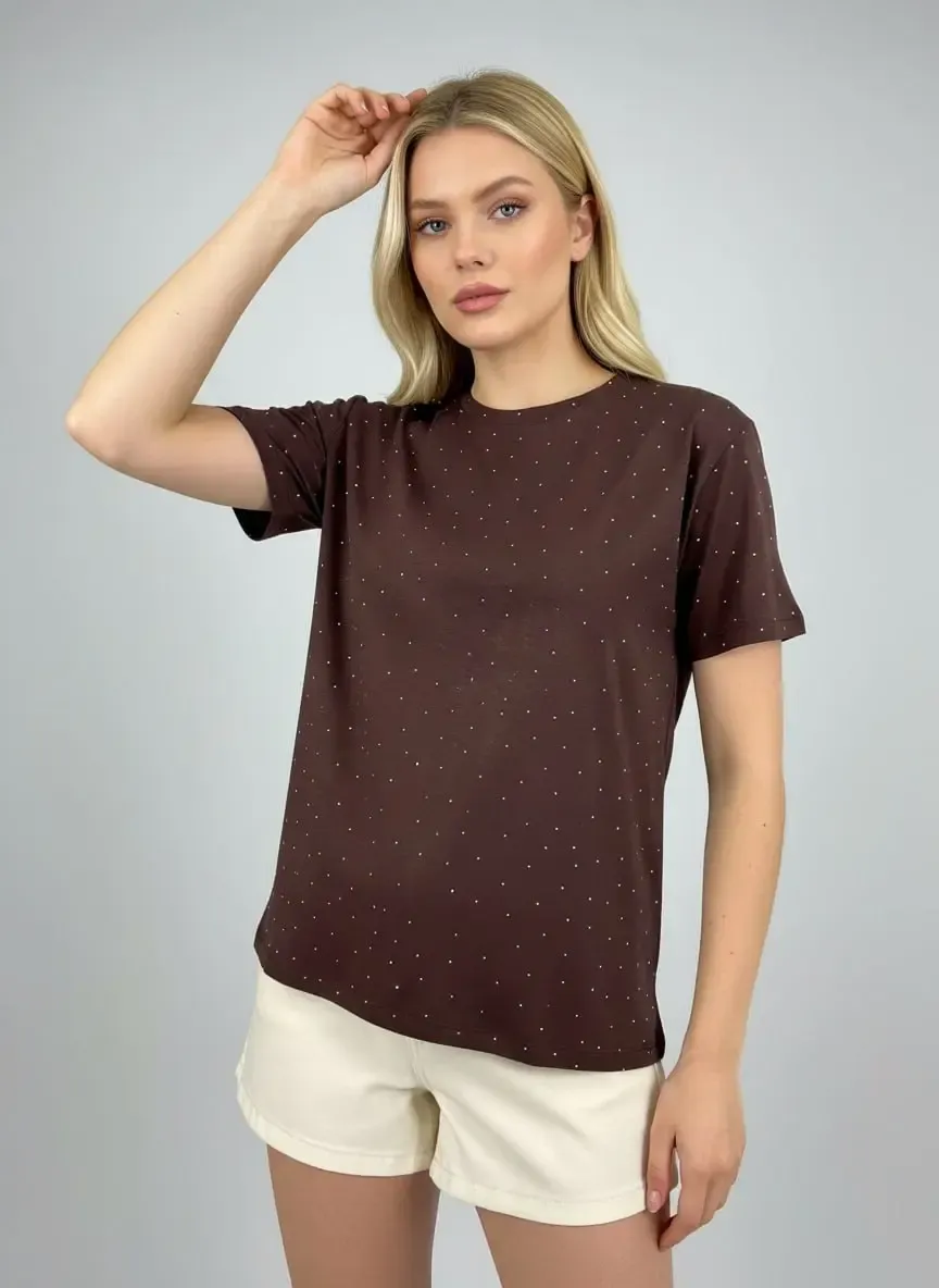 26047 %100 Pamuk Kadın Bisiklet Yaka Taş İşleme Oversize Penye Bluz