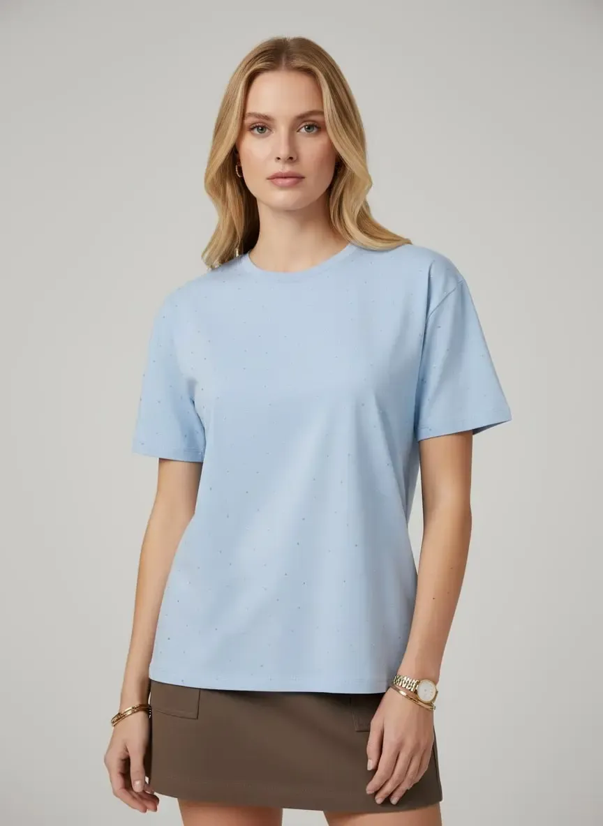 26047 %100 Pamuk Kadın Bisiklet Yaka Taş İşleme Oversize Penye Bluz