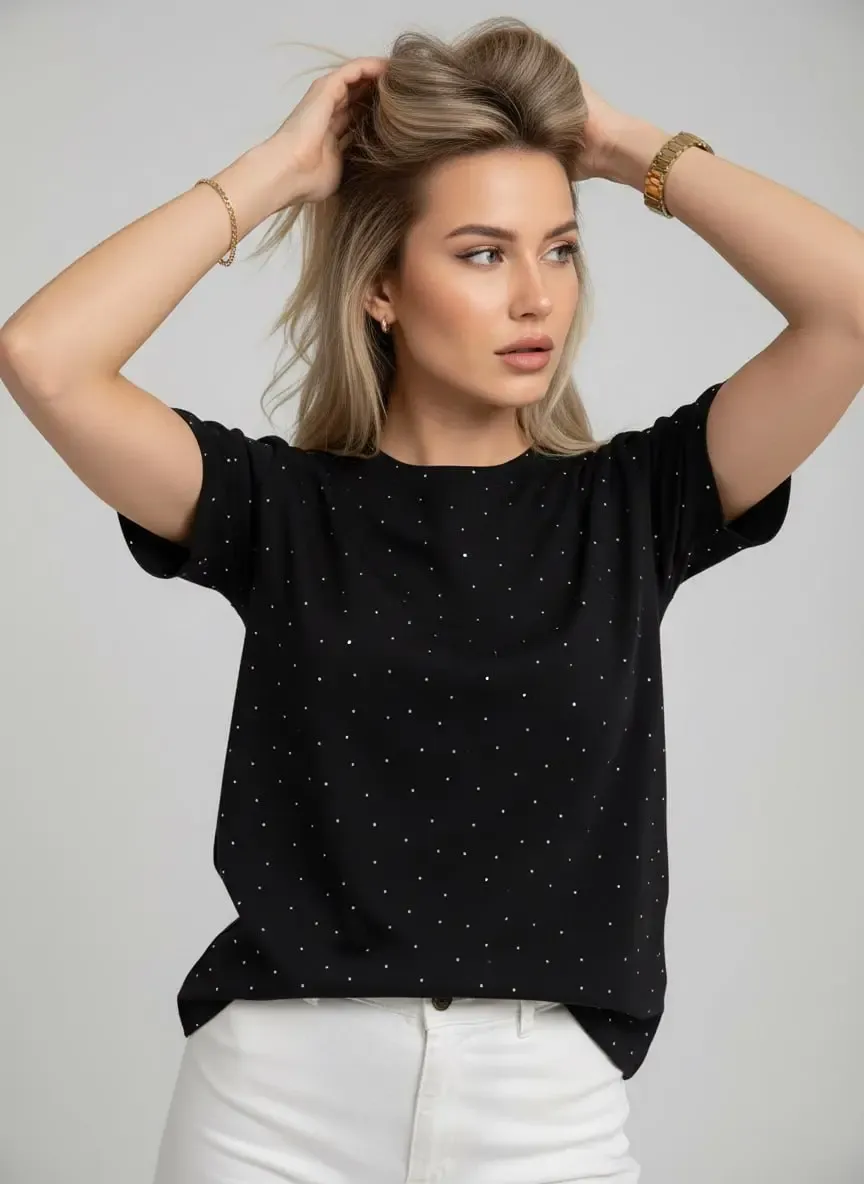 26047 %100 Pamuk Kadın Bisiklet Yaka Taş İşleme Oversize Penye Bluz