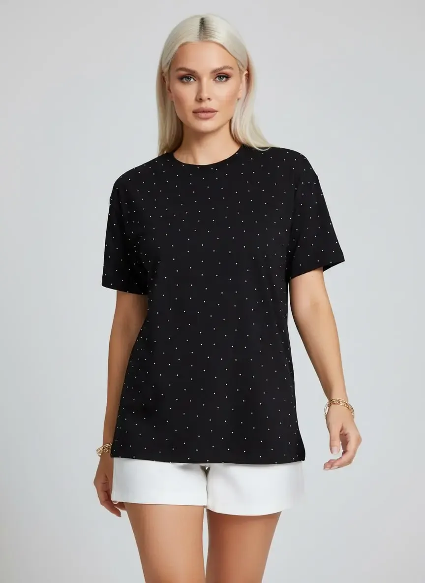 26047 %100 Pamuk Kadın Bisiklet Yaka Taş İşleme Oversize Penye Bluz