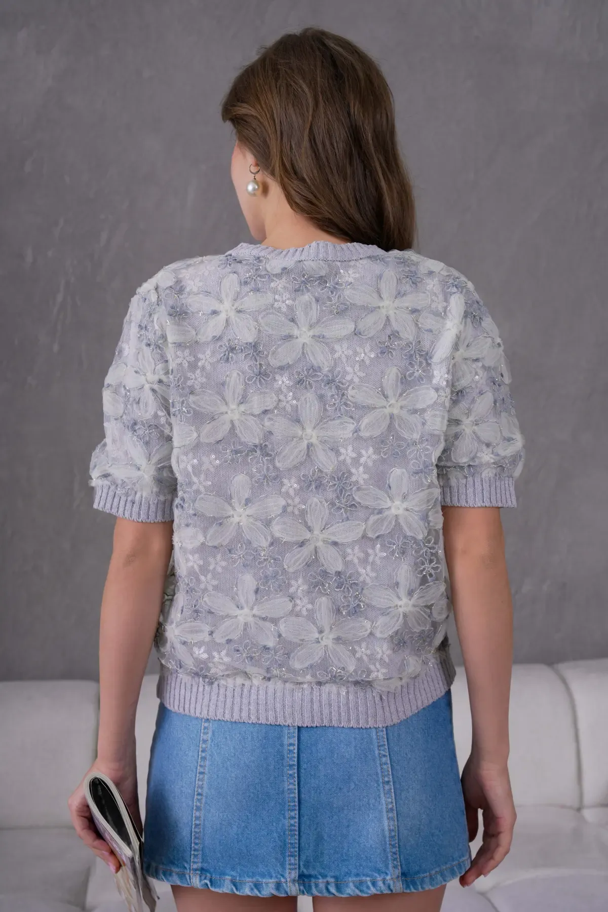 8514 Kadın %100 Pamuk Bisiklet Yaka Düğmeli Dantel Detaylı Triko Hırka