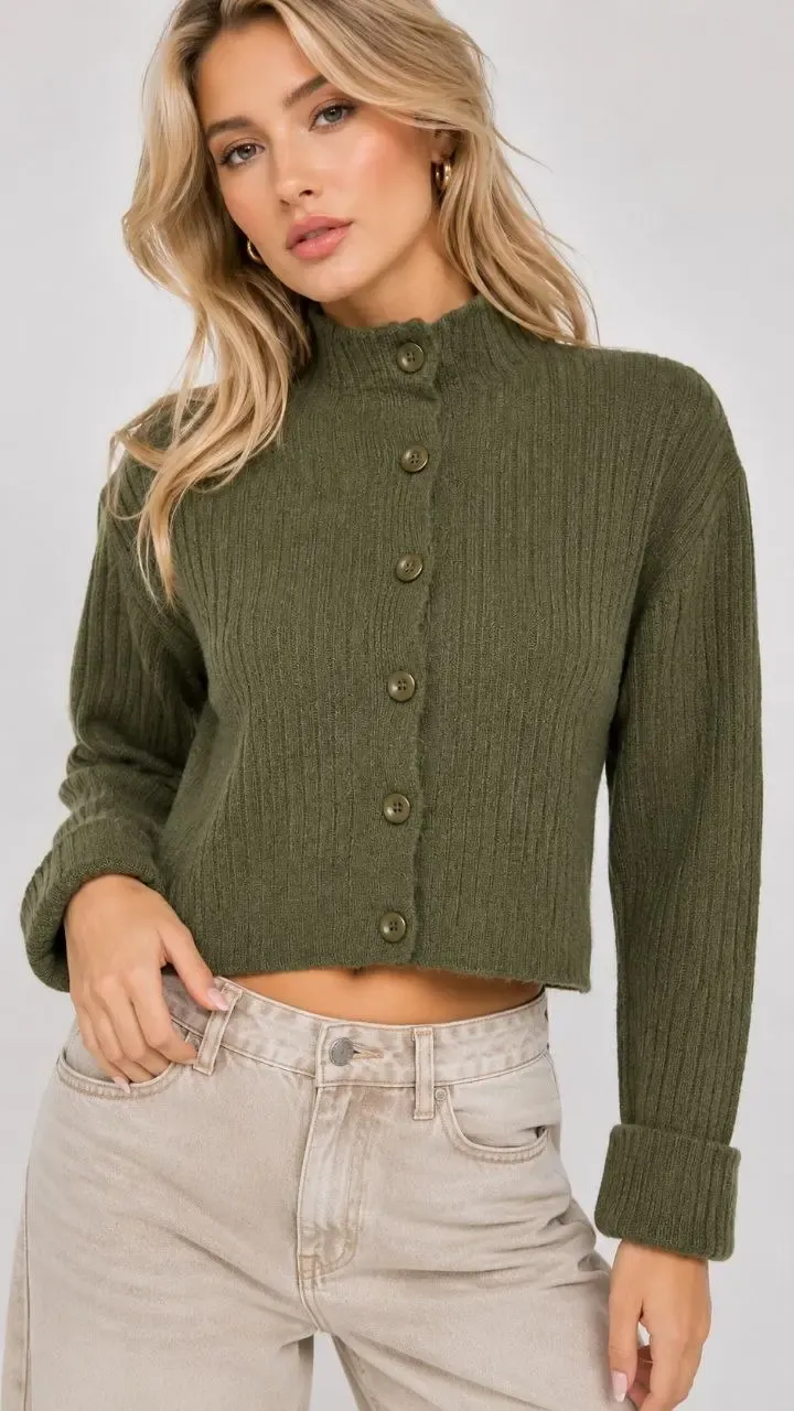 Basic Crop Yumuşak Dokulu Dik Yaka Triko Hırka AW25HI0004