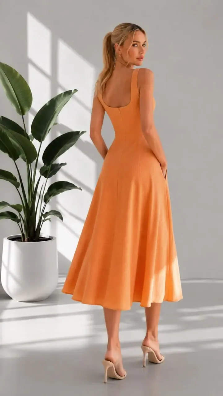 Kadın Dar Kesim %100 Pamuk Kare Yaka Askılı Midi Boy Astarlı Dokuma Elbise 26081
