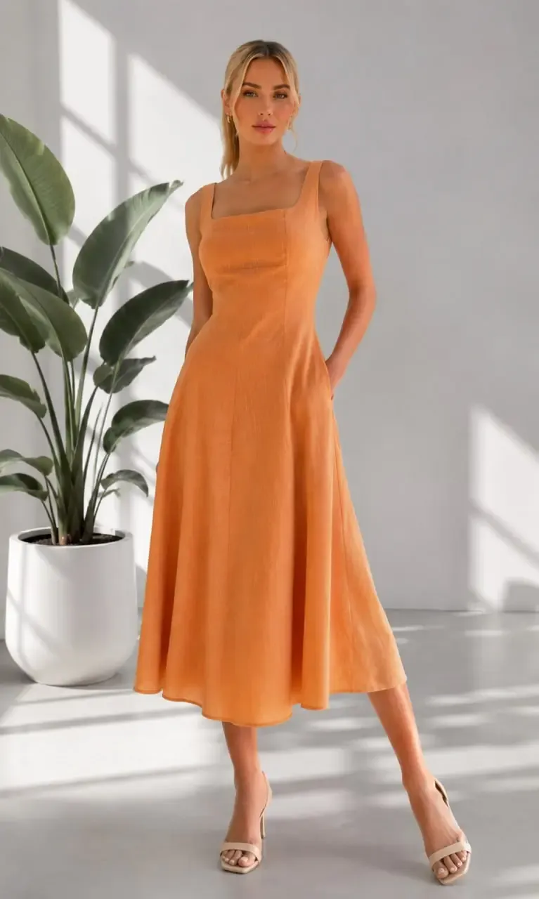 Kadın Dar Kesim %100 Pamuk Kare Yaka Askılı Midi Boy Astarlı Dokuma Elbise 26081