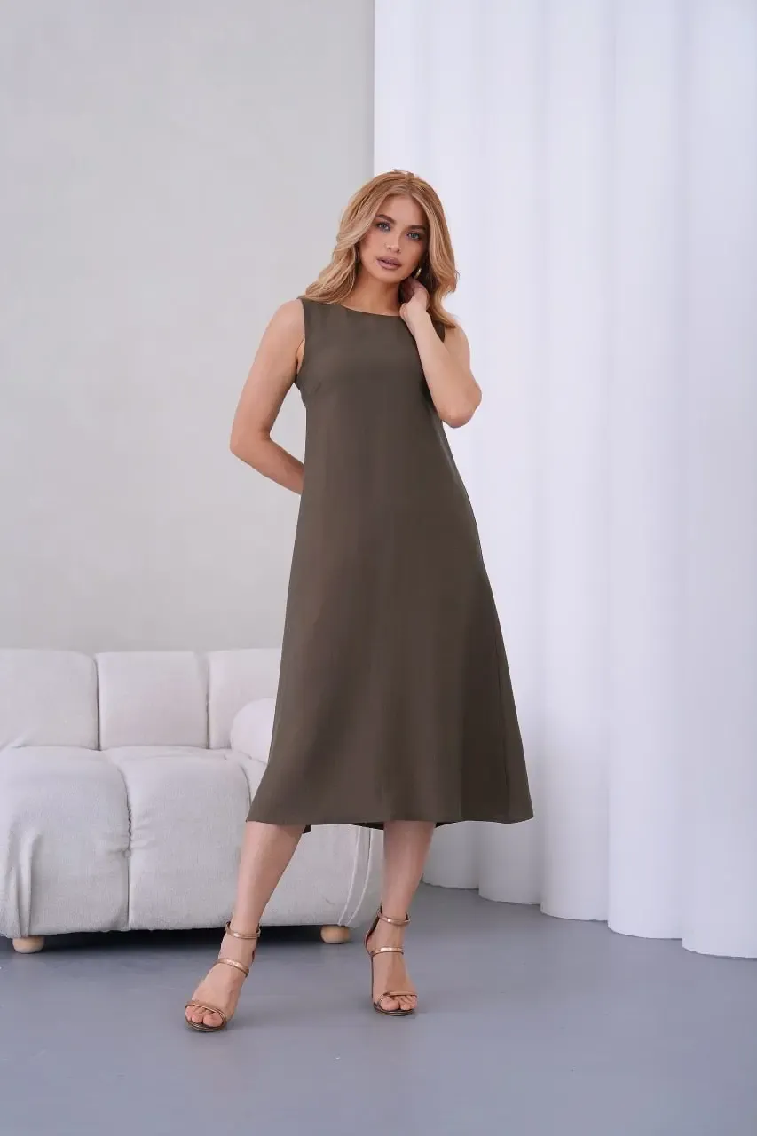 Kadın Bisiklet Yaka Arkası Fermuarlı Tencel Kumaş Elbise 26057