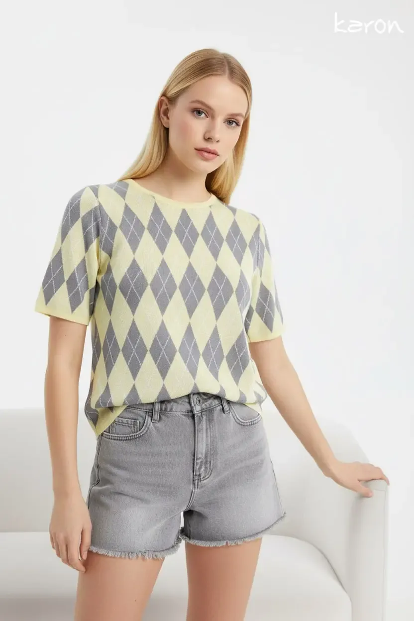 Kadın Bisiklet Yaka Baklava Desen Triko Kazak 12419.Vrt