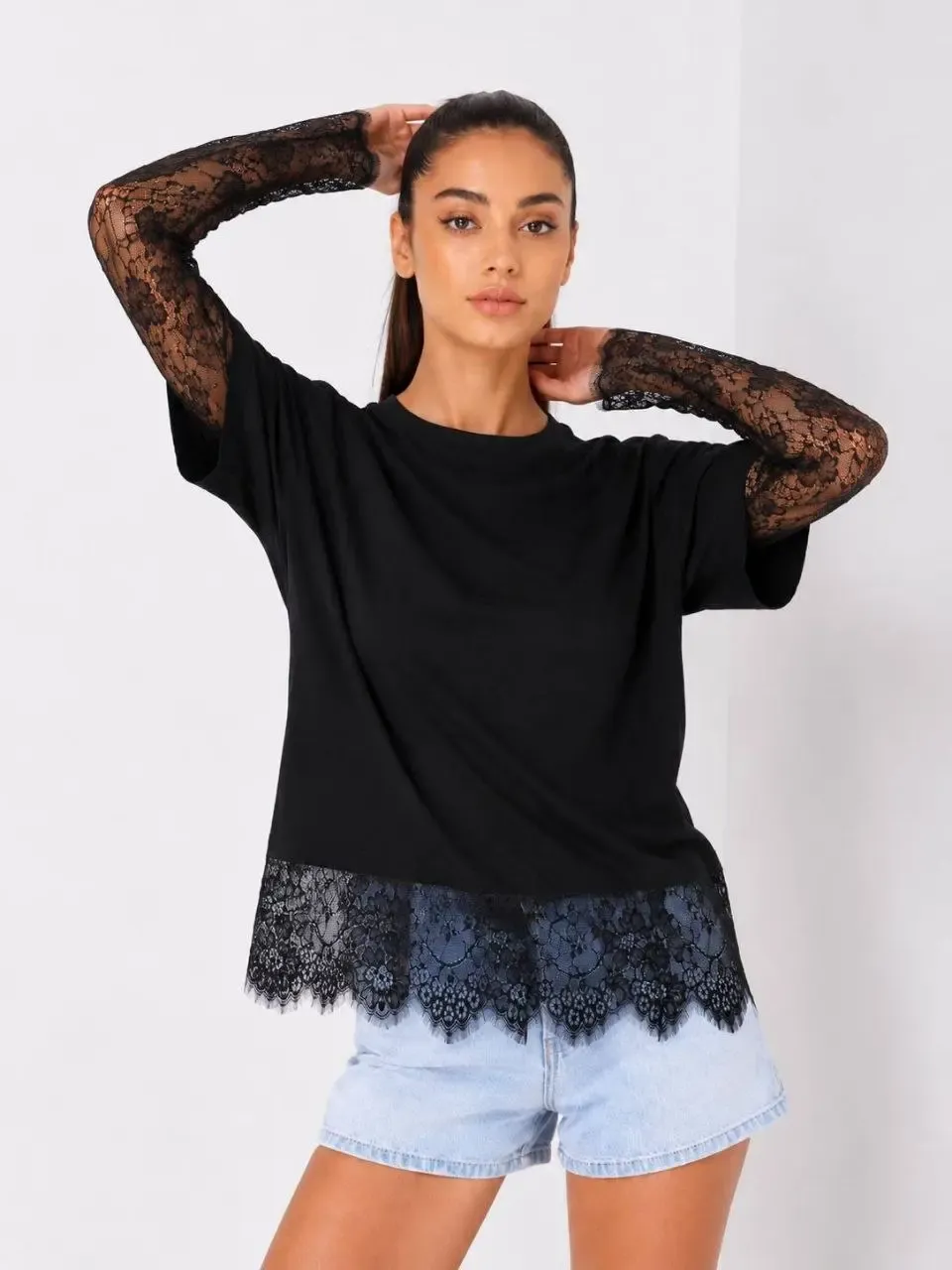 Kadın Bisiklet Yaka Dantel Detay Modal Bluz 26077