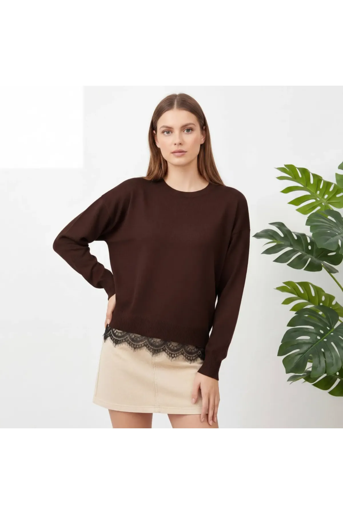 Kadın Dantel Detaylı Bisiklet Yaka Triko Kazak 12408