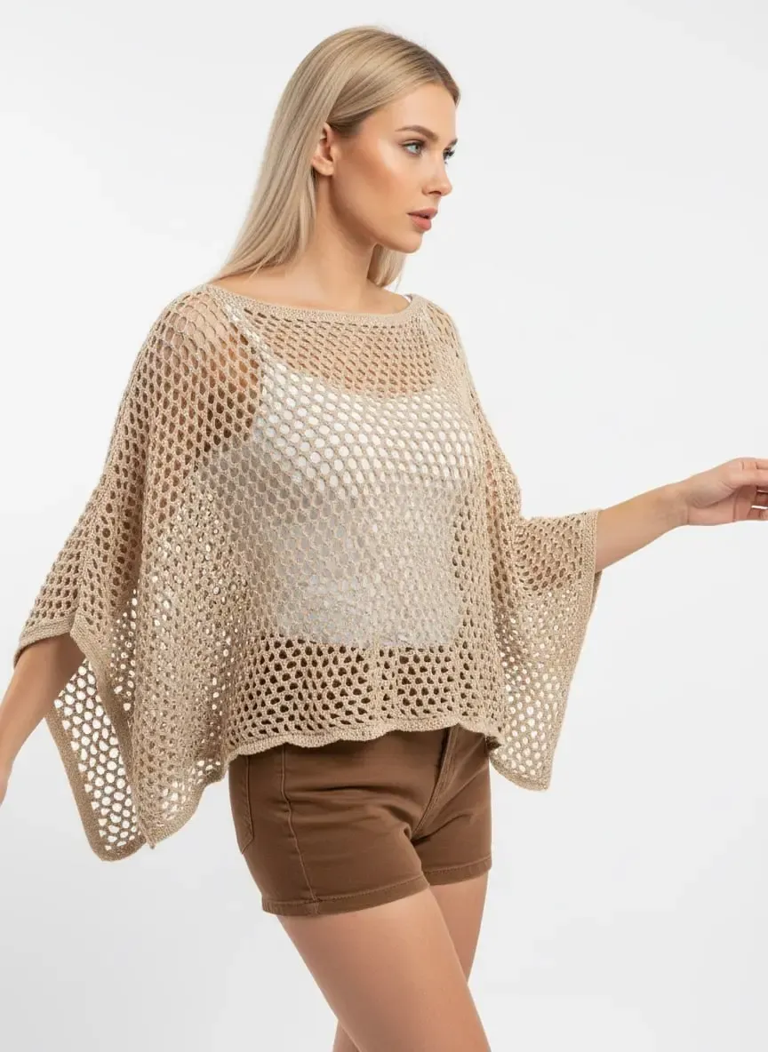 Kadın Delikli Oversize Kayık Yaka Triko Bluz 8722