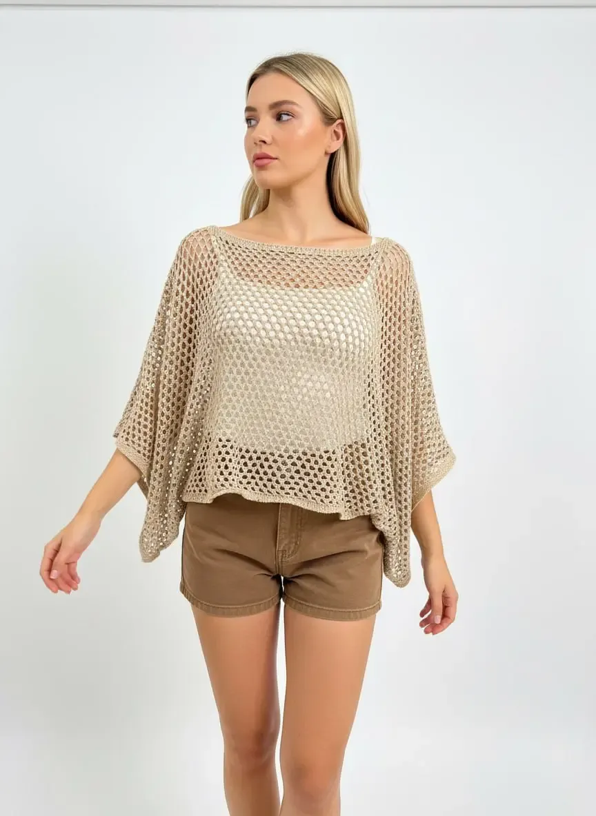 Kadın Delikli Oversize Kayık Yaka Triko Bluz 8722