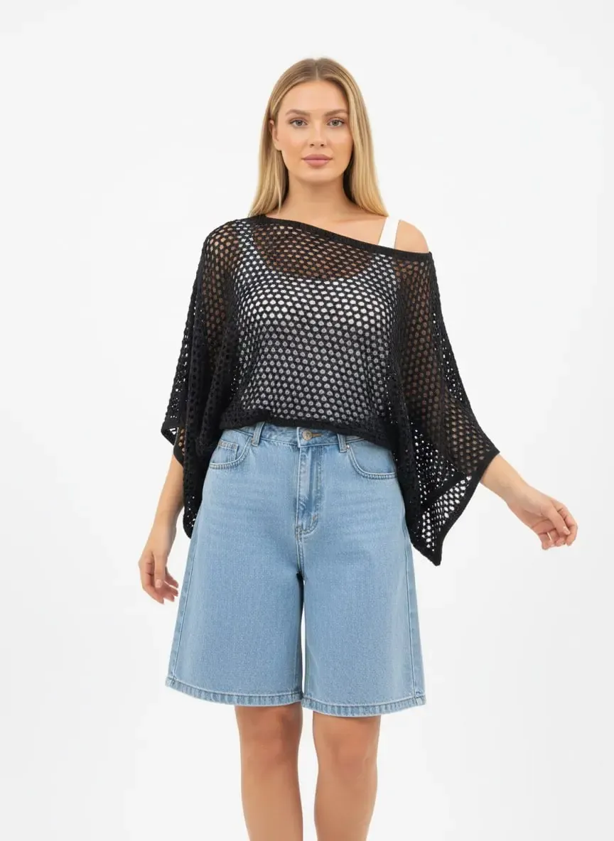 Kadın Delikli Oversize Kayık Yaka Triko Bluz 8722