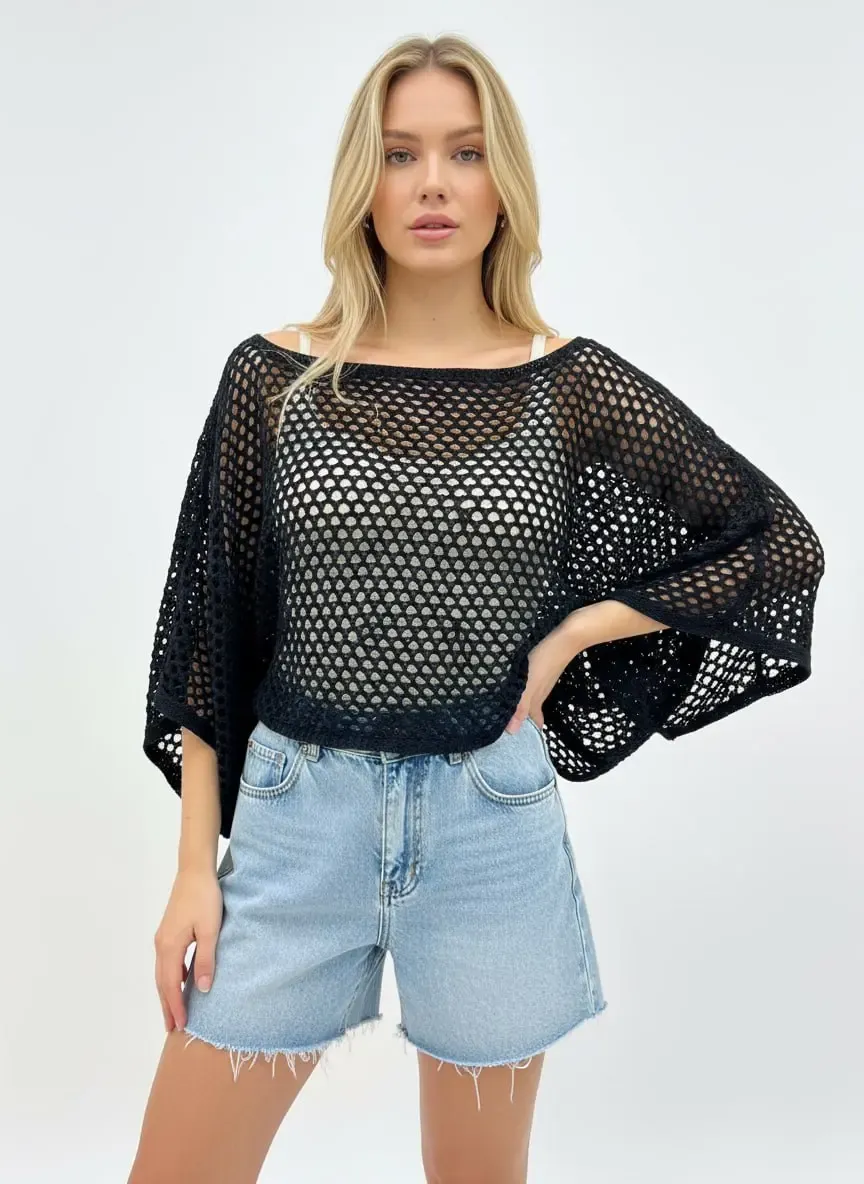 Kadın Delikli Oversize Kayık Yaka Triko Bluz 8722
