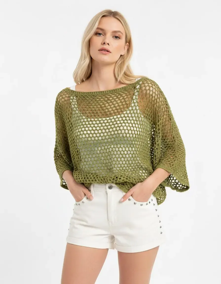 Kadın Delikli Oversize Kayık Yaka Triko Bluz 8722