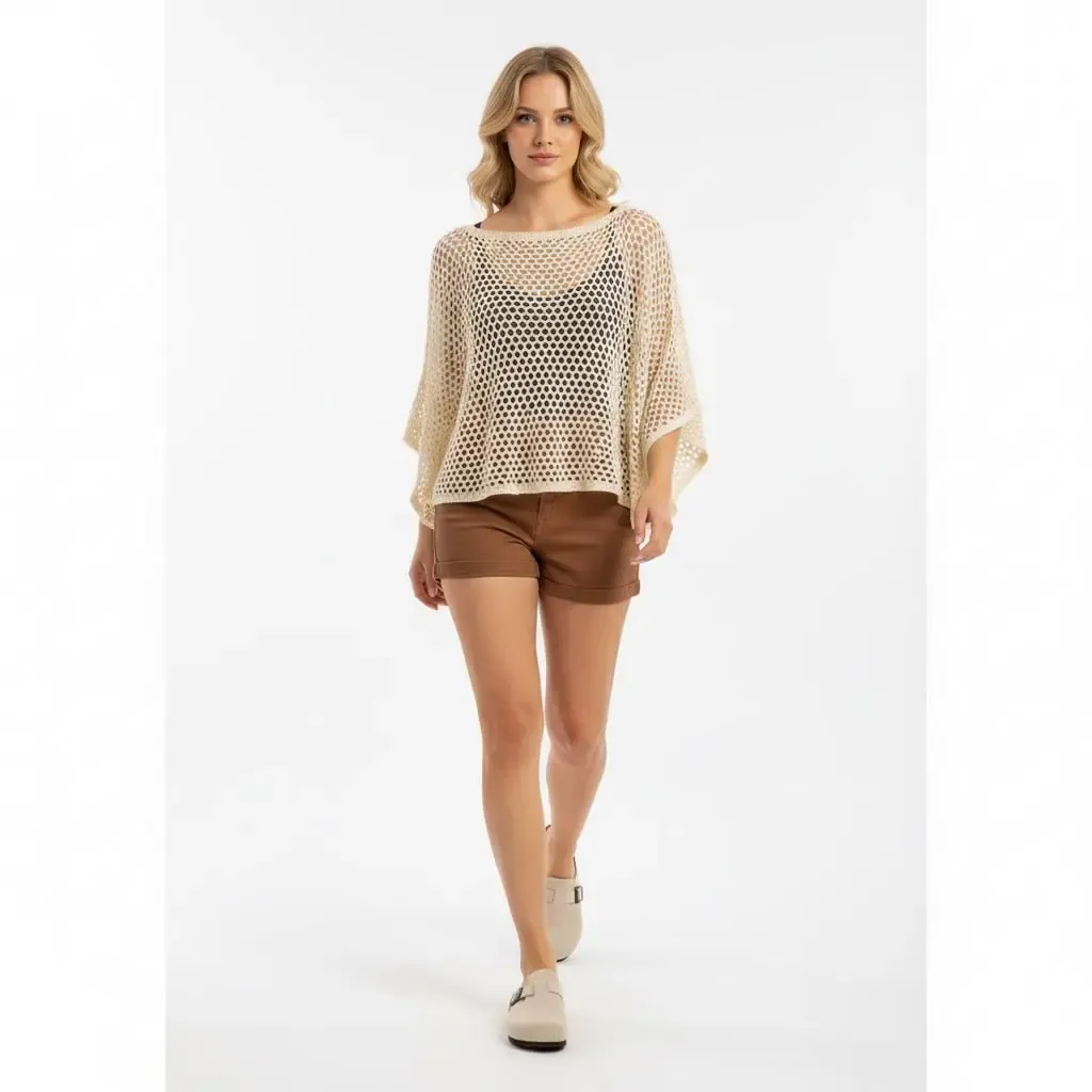 Kadın Delikli Oversize Kayık Yaka Triko Bluz 8722