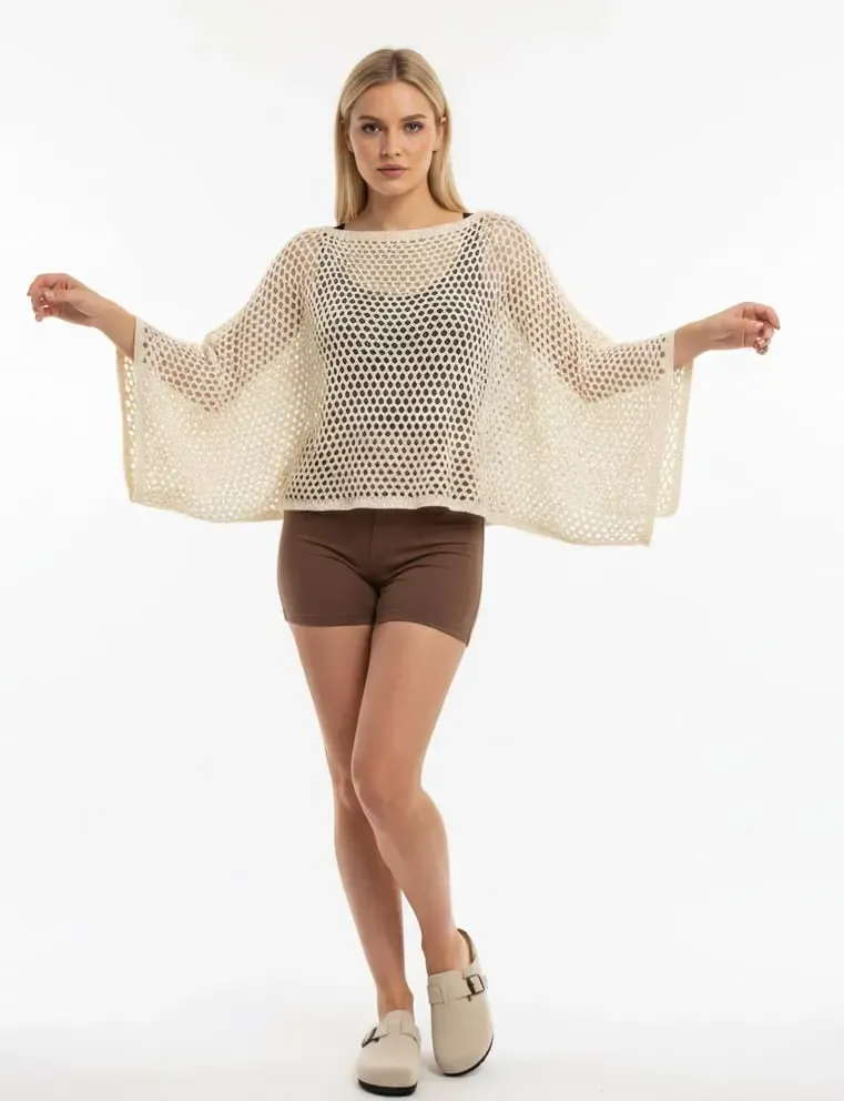 Kadın Delikli Oversize Kayık Yaka Triko Bluz 8722