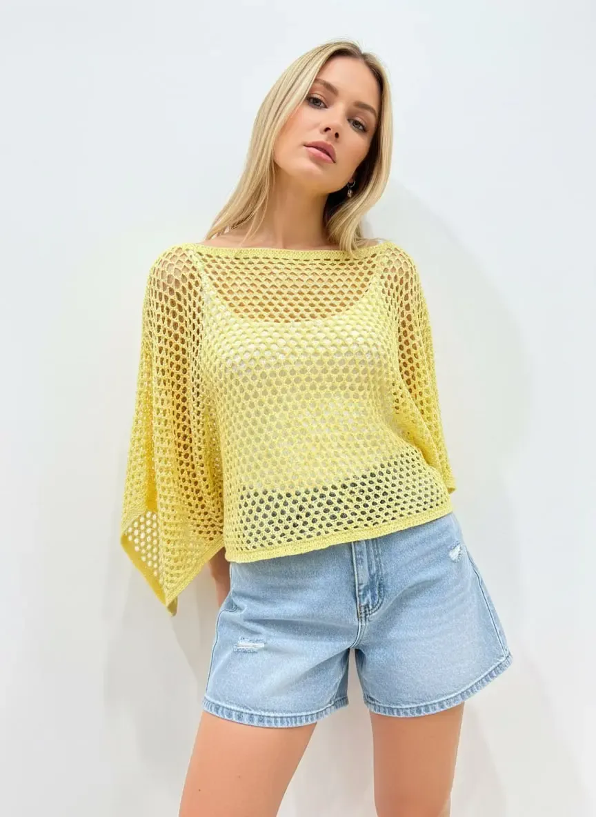 Kadın Delikli Oversize Kayık Yaka Triko Bluz 8722