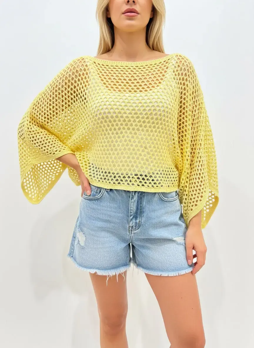 Kadın Delikli Oversize Kayık Yaka Triko Bluz 8722