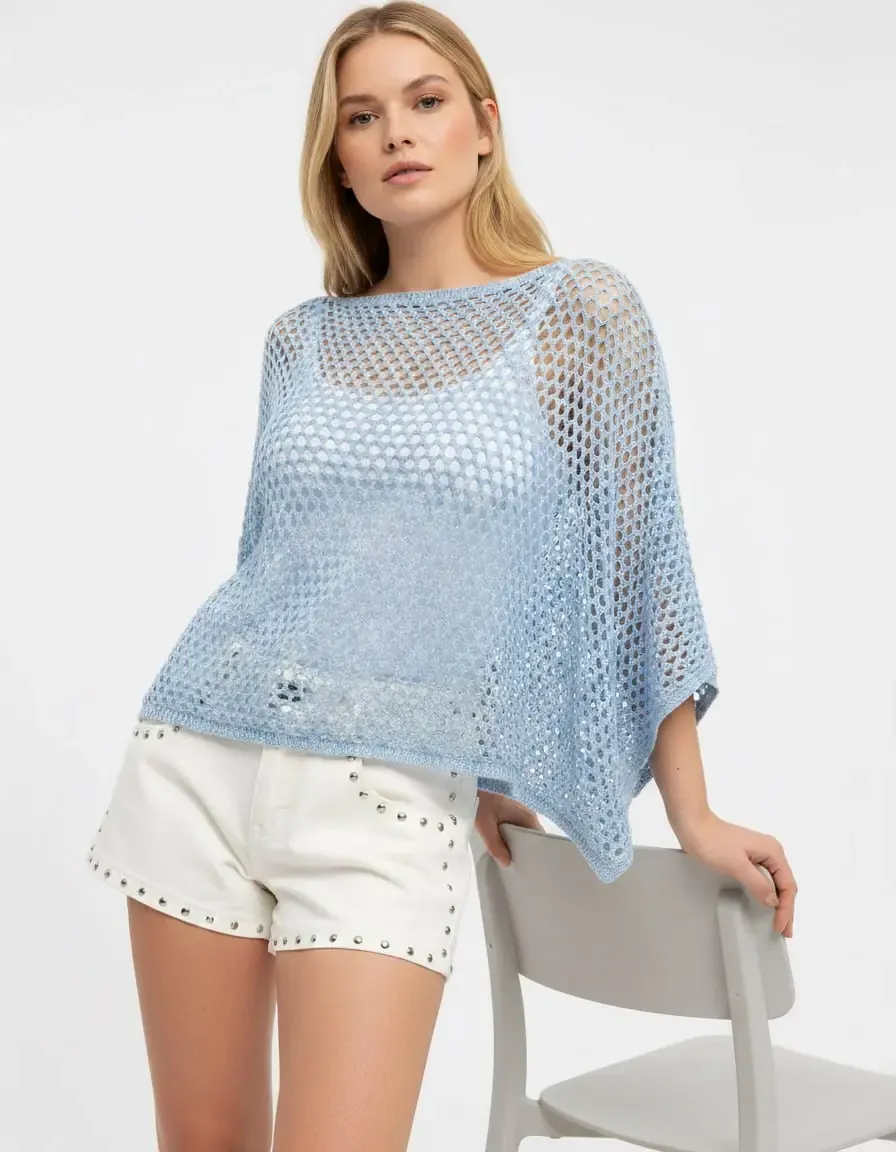 Kadın Delikli Oversize Kayık Yaka Triko Bluz 8722