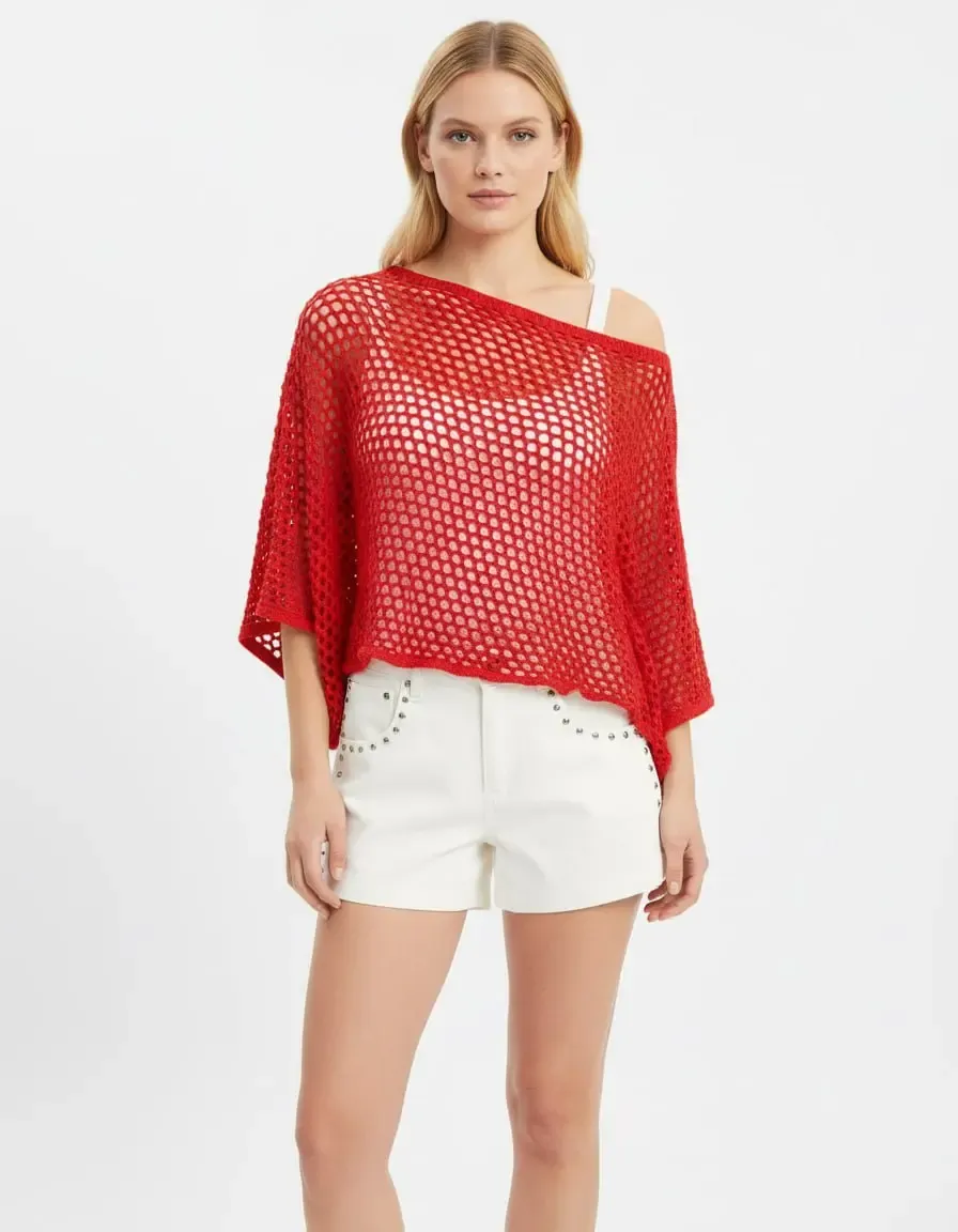 Kadın Delikli Oversize Kayık Yaka Triko Bluz 8722