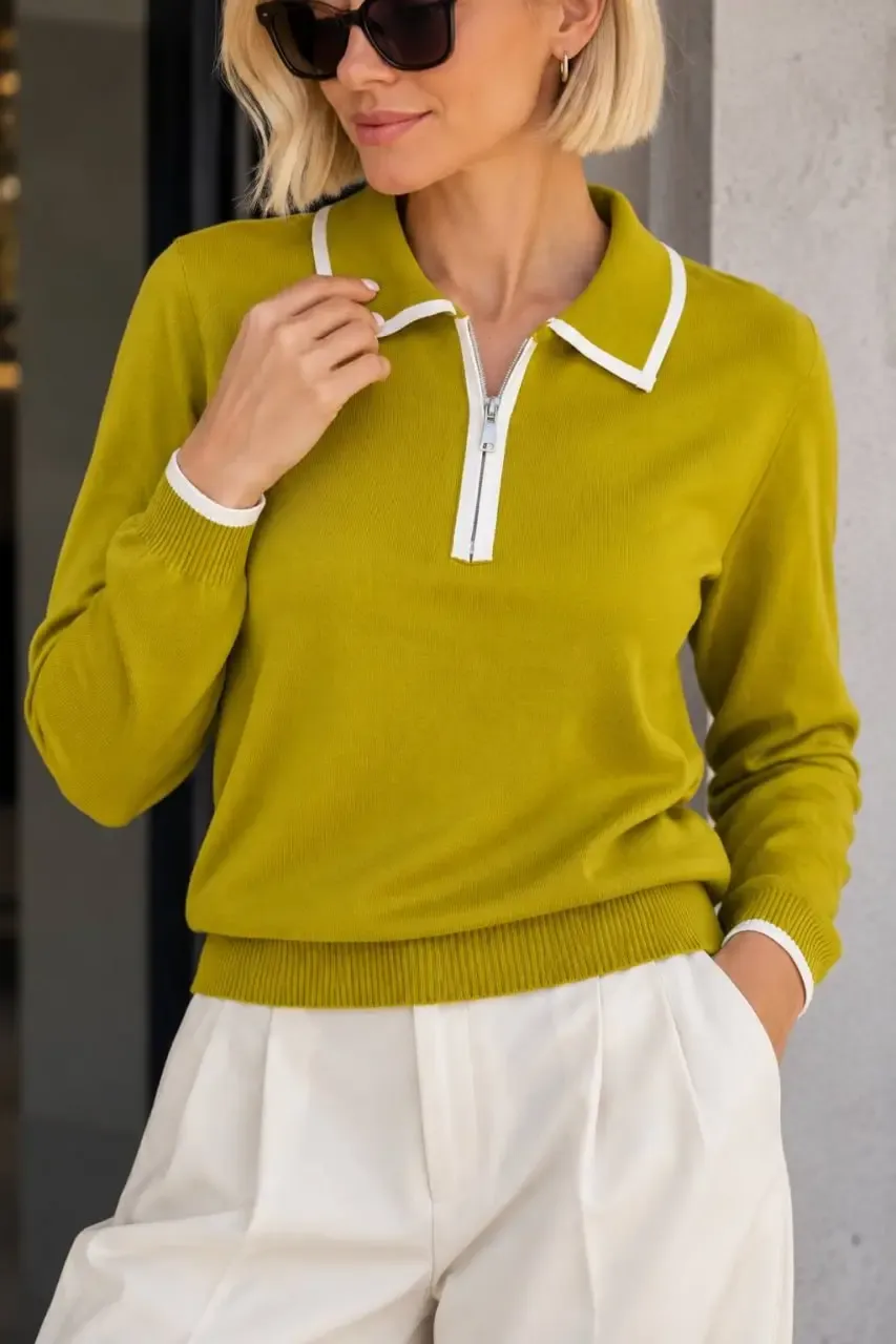 Kadın Fermuarlı Polo Yaka Triko Kazak 12506