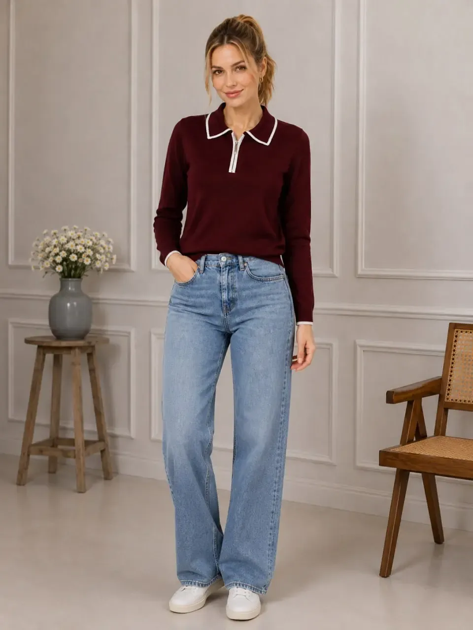 Kadın Fermuarlı Polo Yaka Triko Kazak 12506