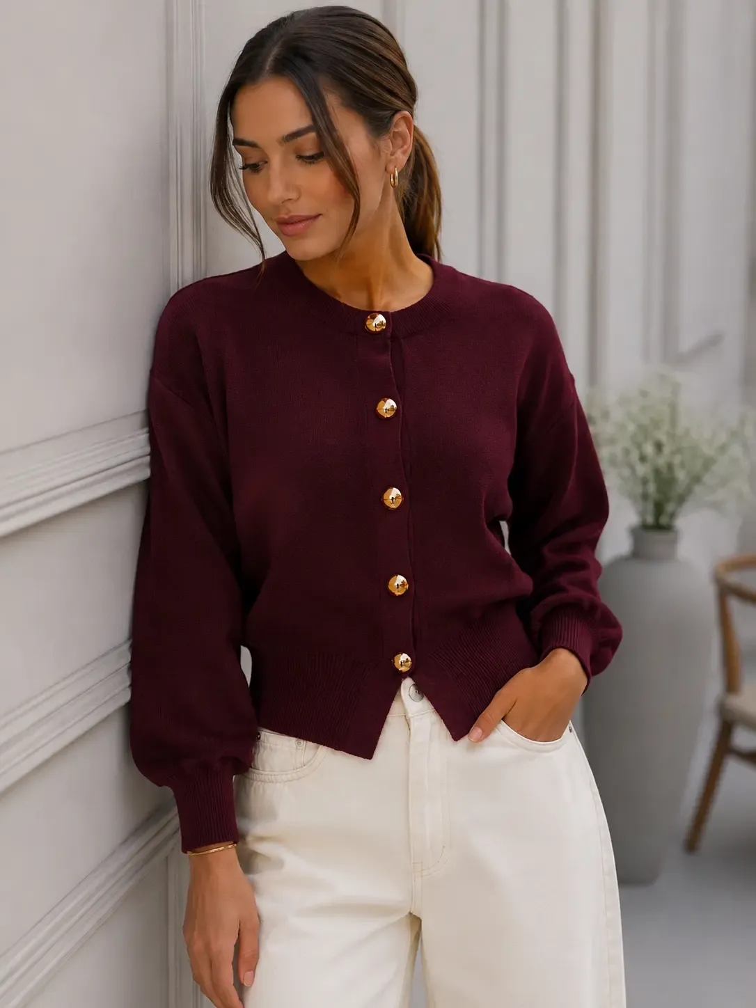 Kadın Gold Metal Düğmeli Triko Hırka Balon Kol Crop Premium Ceket 12525