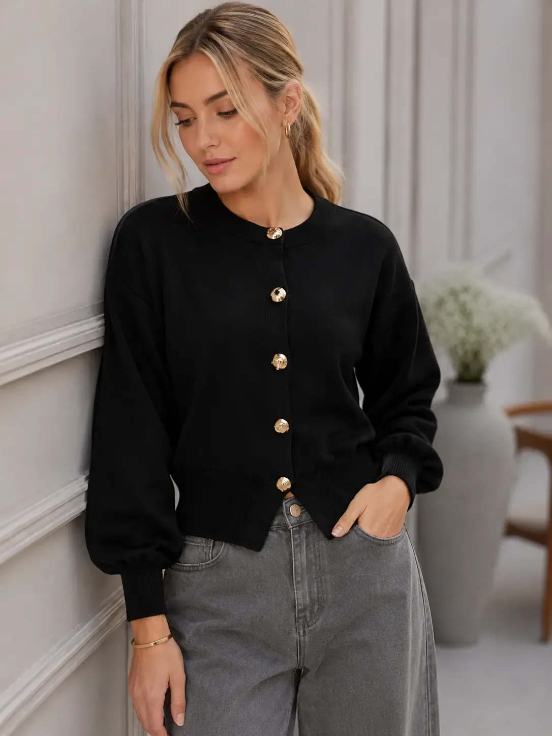 Kadın Gold Metal Düğmeli Triko Hırka Balon Kol Crop Premium Ceket 12525