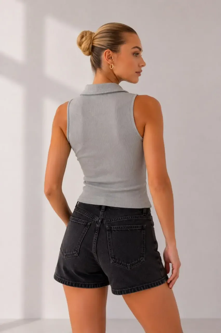 Kadın Poloyaka Fermuar Detay Slim Fit Kaşkorse Örme Crop Body Bluz 26095
