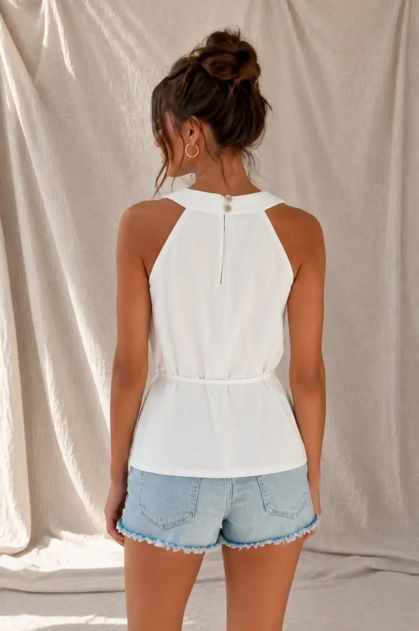 Kadın Halter Yaka Beli Bağlamalı Modal Bluz Kolsuz Şık Yazlık Üst 26104