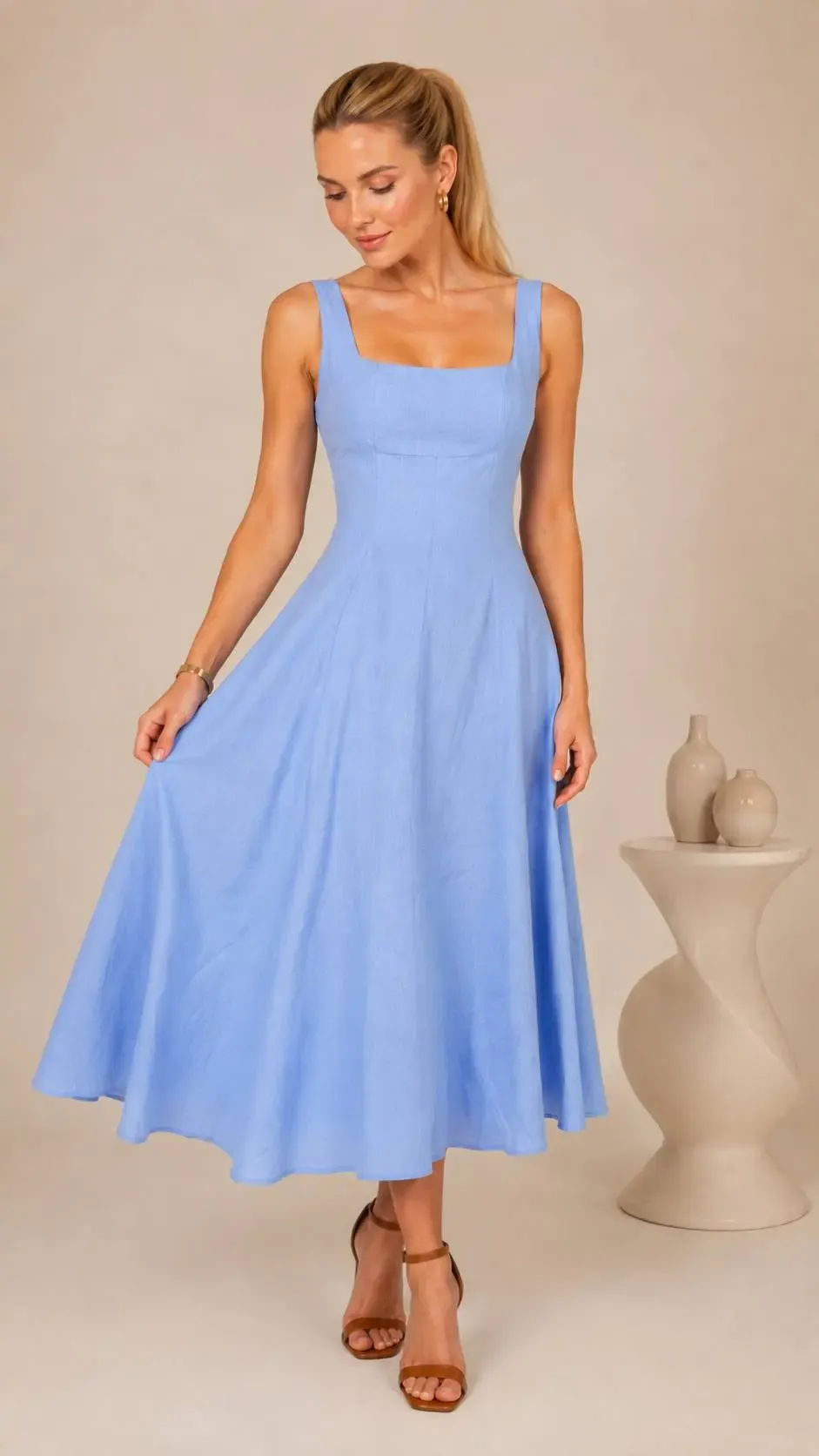 Kadın Kare Yaka Askılı Midi Boy Astarlı Kentenli Pamuk Yazlık Elbise 26081