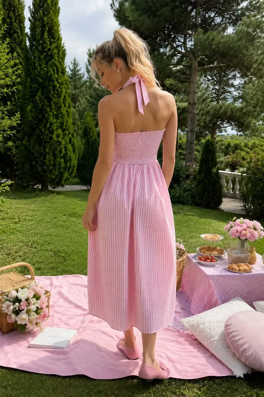 Kadın Kare Yaka Boyun Bağcıklı Pötikareli Midi Elbise 26091