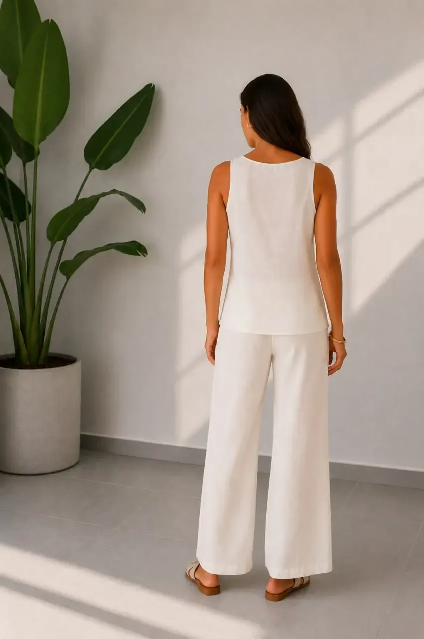 Kadın Kare Yaka Yırtmaçlı Bluz Pantolon Dokuma Yazlık Takım 26089