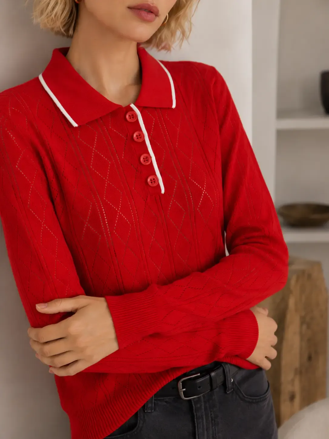 Kadın Polo Yaka Ajurlu Desenli İnce Triko Kazak 12532