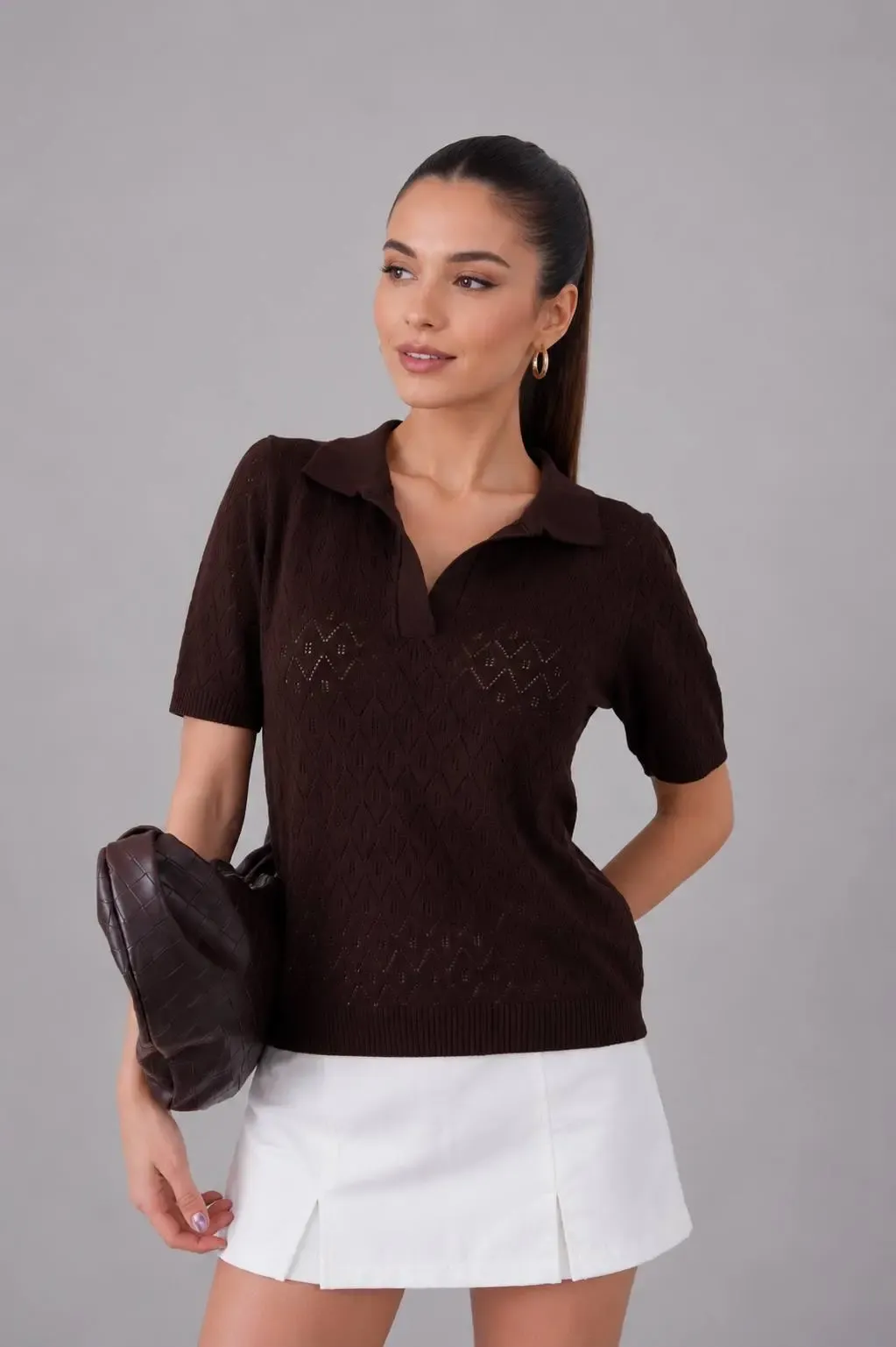 Kadın Polo Yaka Ajurlu Örgü Detay Triko Kazak 12145