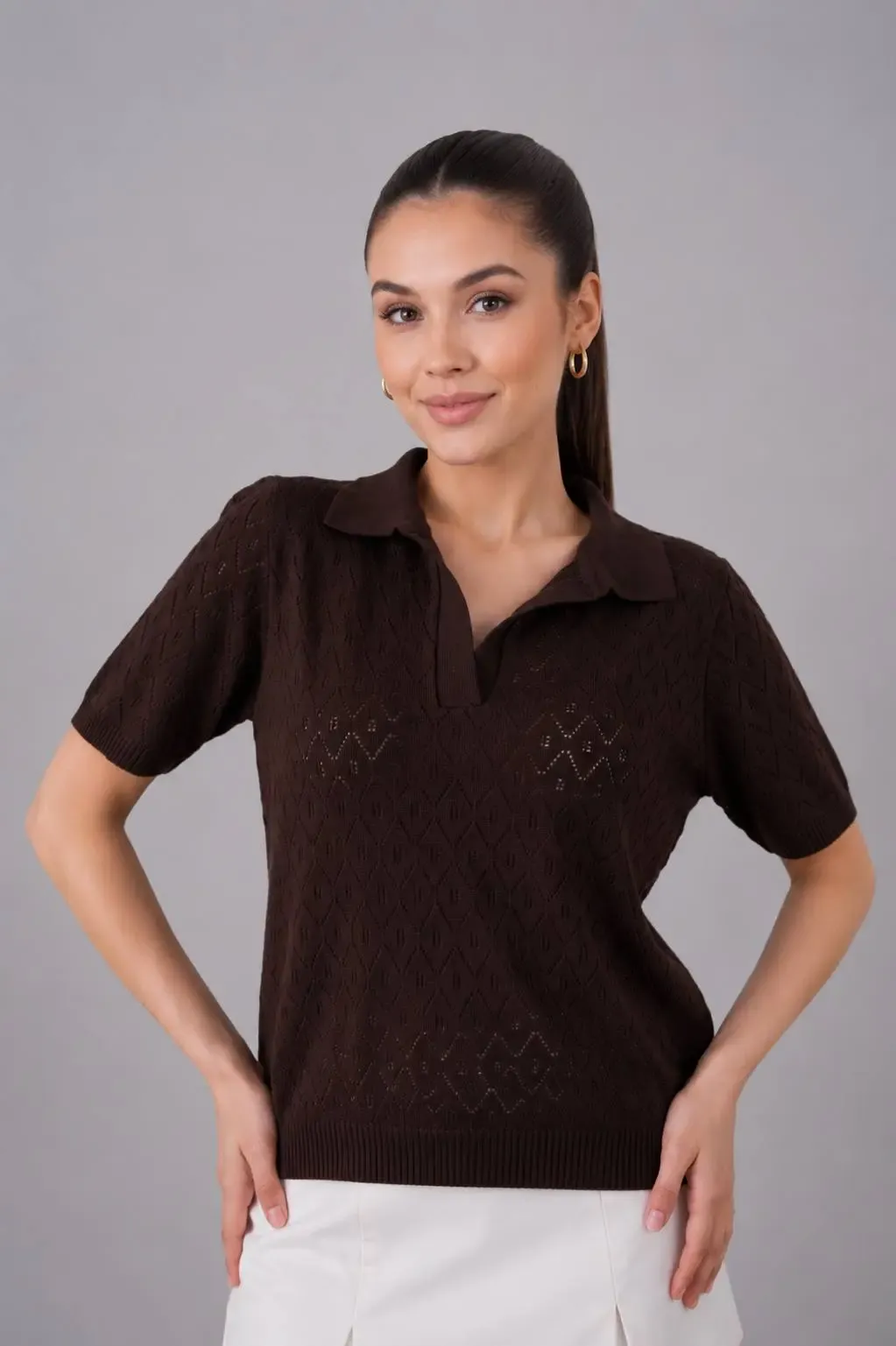 Kadın Polo Yaka Ajurlu Örgü Detay Triko Kazak 12145