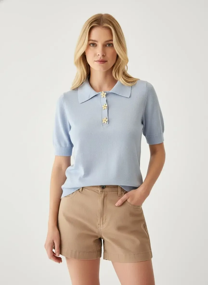 Kadın Polo Yaka Aksesuar Detay Premium İplik Triko Kazak 12421.Crs