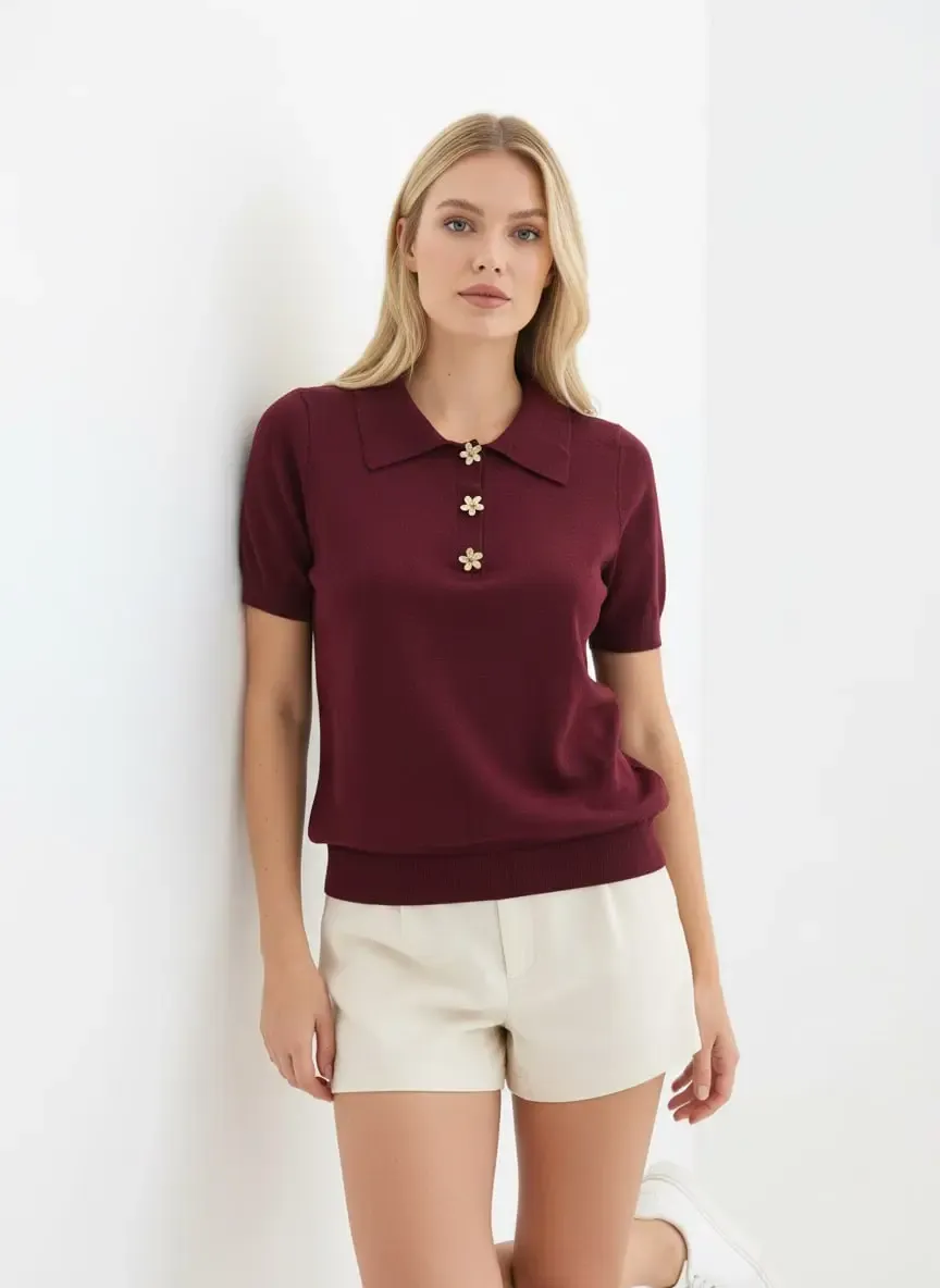 Kadın Polo Yaka Aksesuar Detay Premium İplik Triko Kazak 12421.Crs